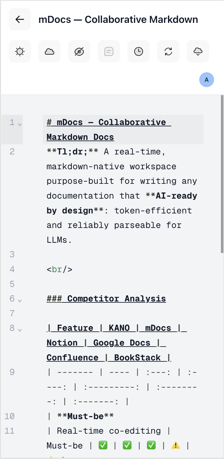 mDocs markdown editor with competitor analysis table