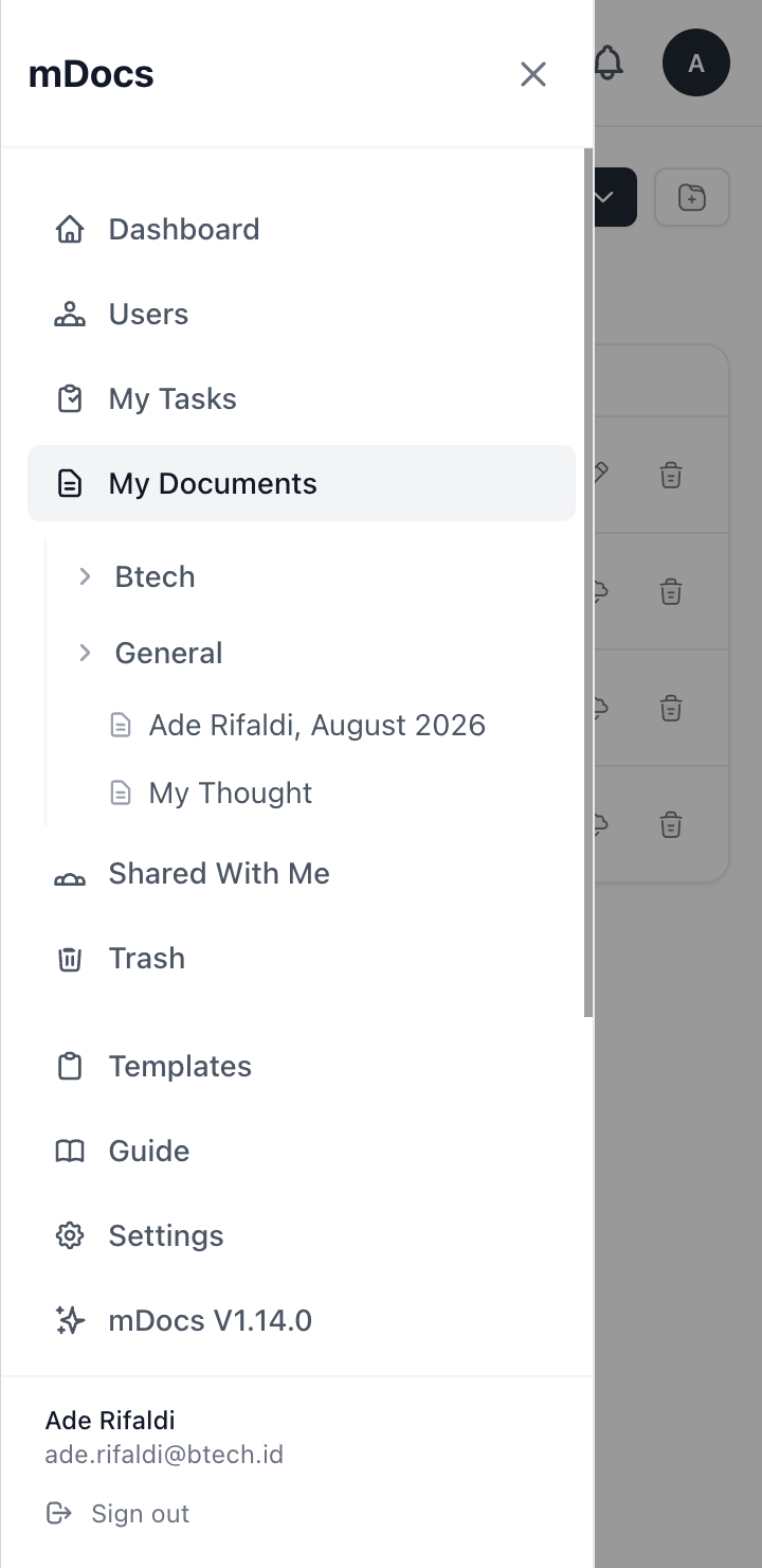 mDocs sidebar navigation